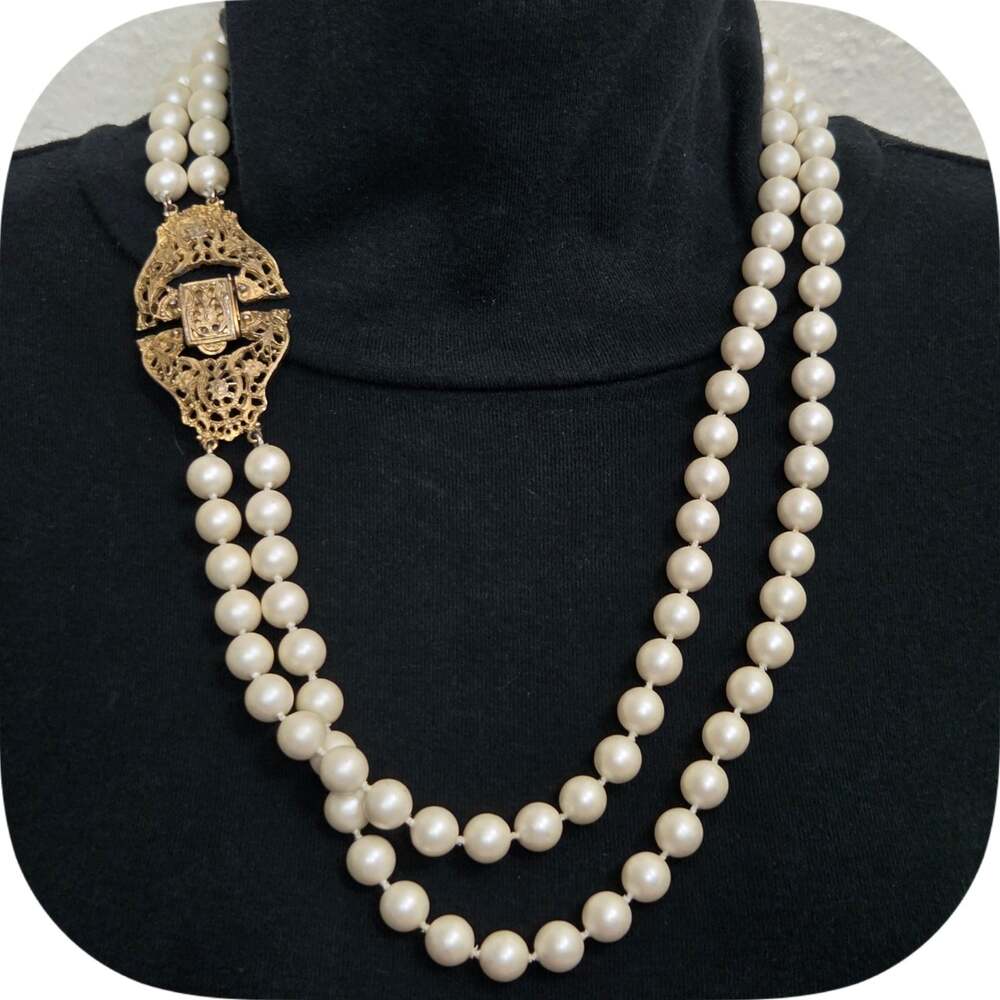 GENO Vintage Double Strand Faux Pearl Necklace with Ornate Gold Filigree Clasp